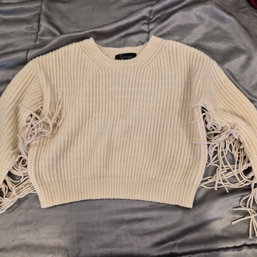 Fringe Sleeve Ribbed Crewneck Sweater - Cream